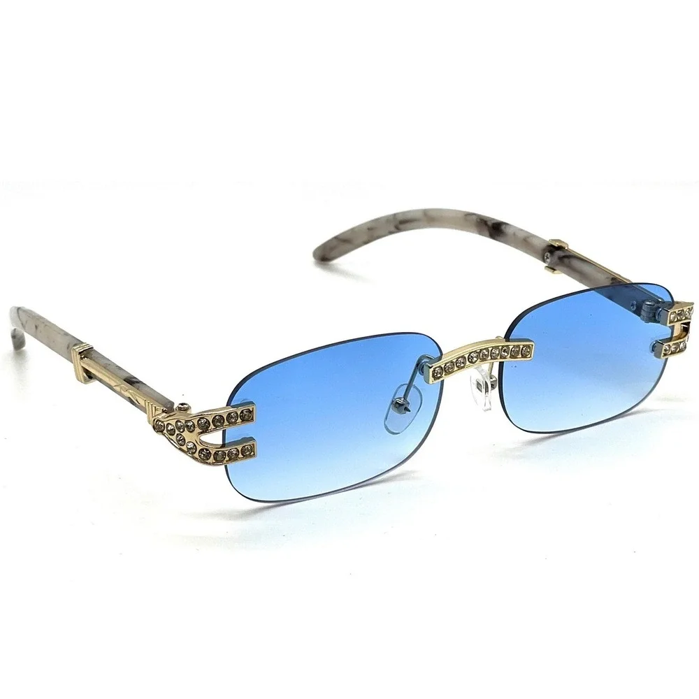 Rhinestone Rimless Sunglasses Blue Lens Marble Gold Accents Street‎ Wear Lentes